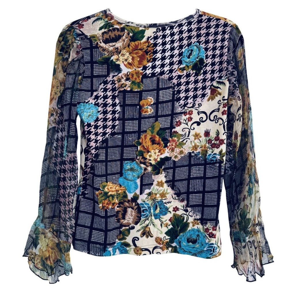 Paola Poggi Italy Womens Patchwork Floral Houndstooth Mesh Top Ruffle Sleeves 34 - Picture 2 of 7